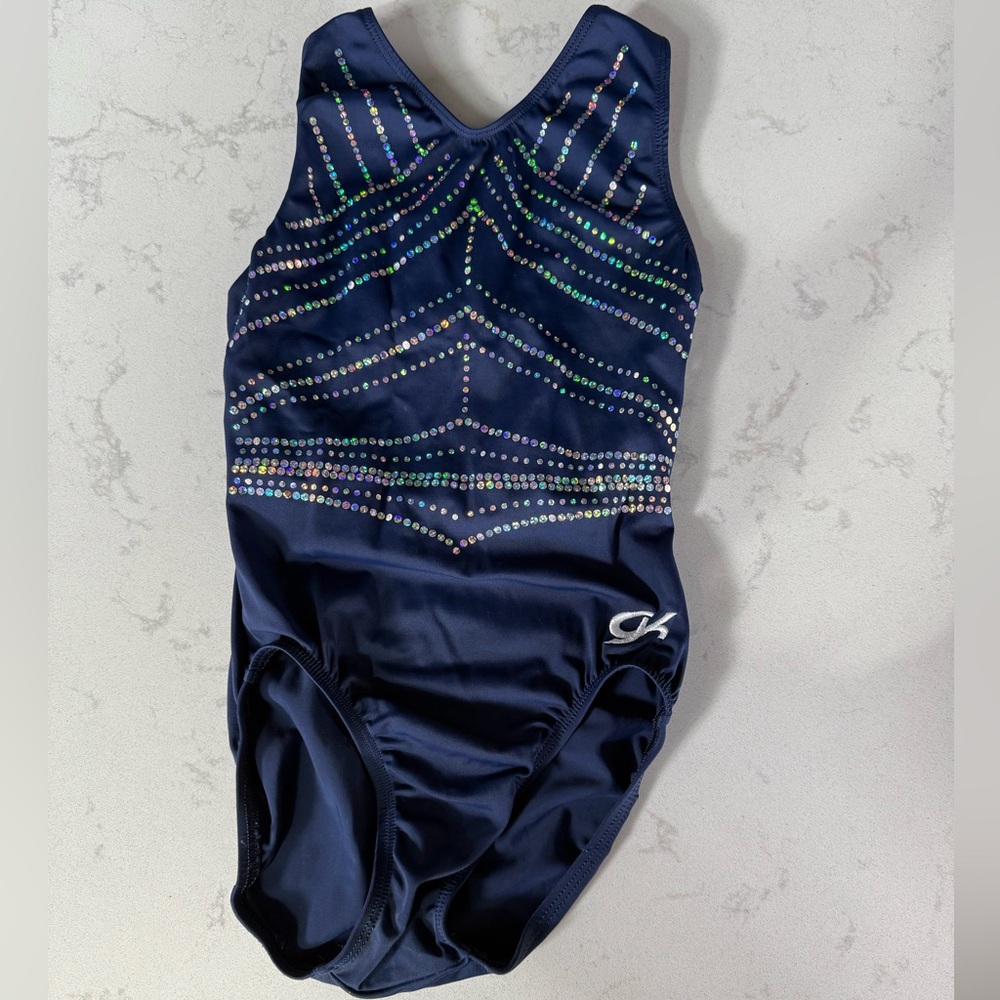 GK Elite Navy Leotard with Rhinestone Accents